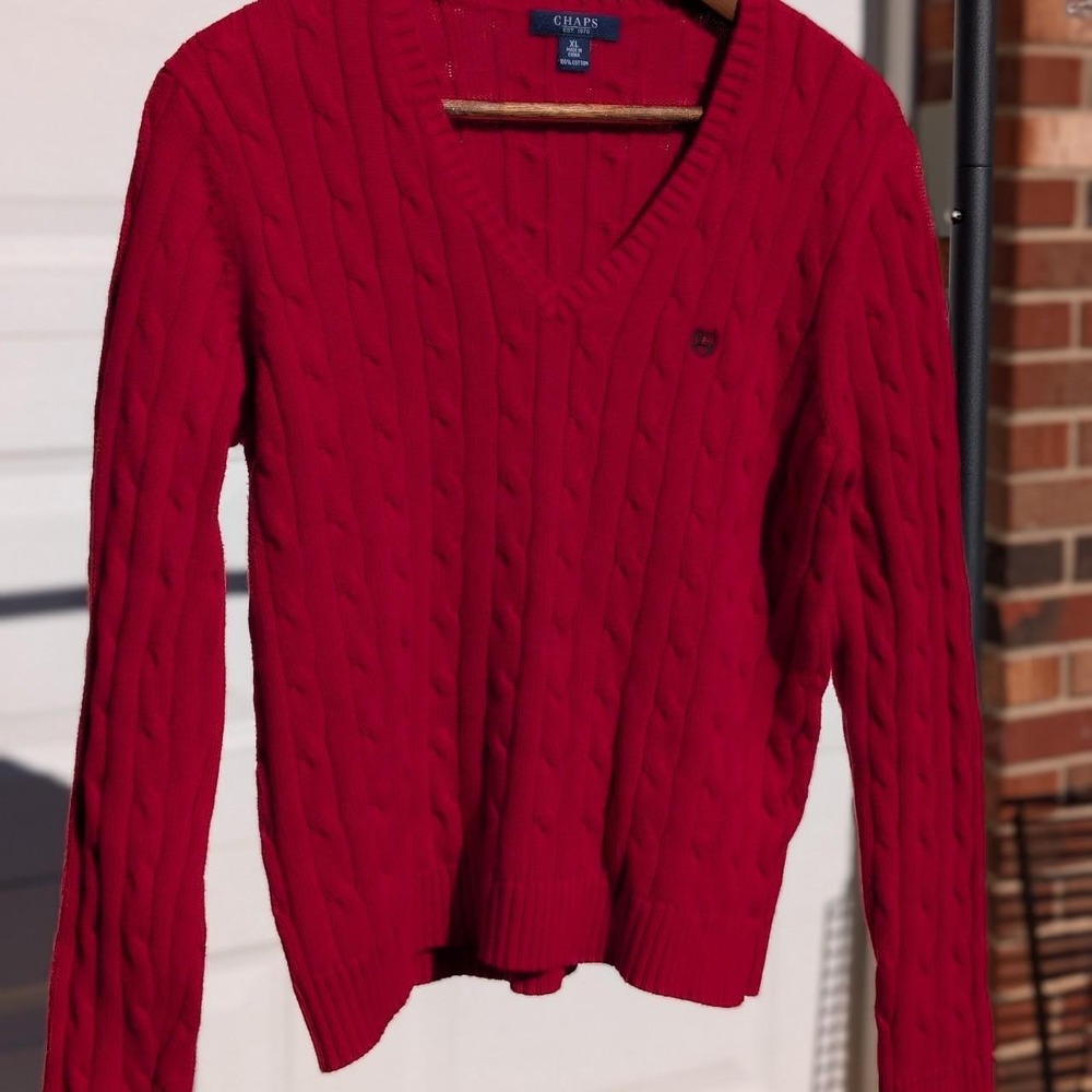 Chaps‎ Red Cable Knit V-Neck Sweater Womens XL Cotton Long Sleeve Pullover Logo